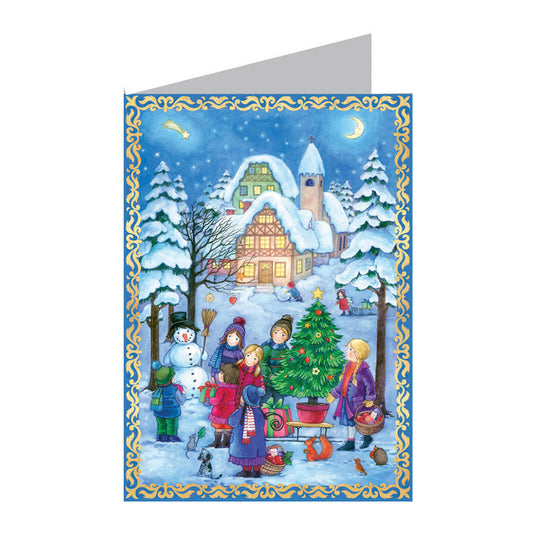 Snowscene Children and Snowman German Advent Card with 24 little doors 105 x 155 mm - Richard Sellmer