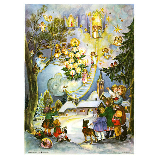 Richard Sellmer Verlag  Snowscene Children and Angels Woodland and Church  German Advent Calendar 265 x 355 mm with envelope and glitter