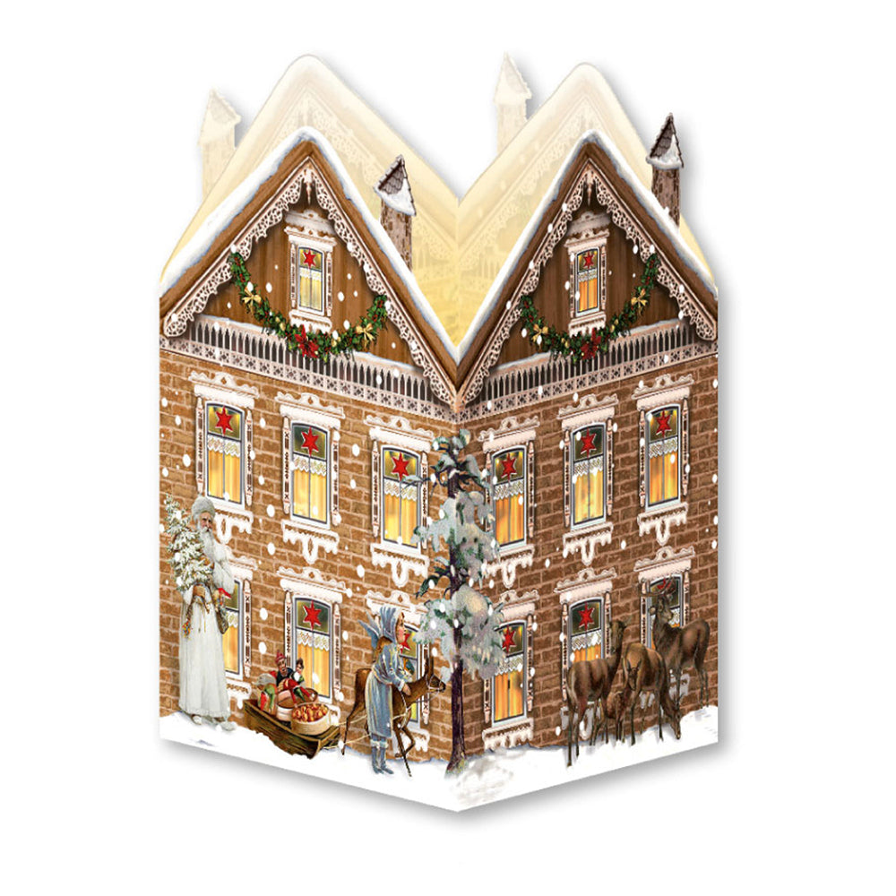 Brown Lantern Houses Mini Lanterns Advent Calendar Card Design by Barbara Behr 16.5 x 11.5 cm Pre folded into lanterns Iridescent Glitter Translucent gold envelopes