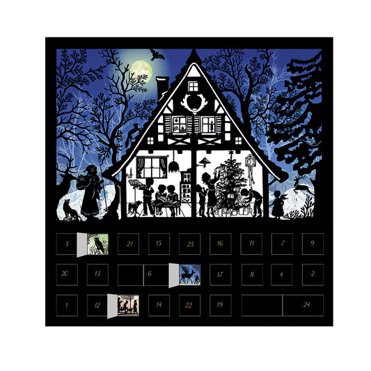 Blue House Christmas Scene Silhouette Advent Card with 24 doors and envelope 15 x 15 cm