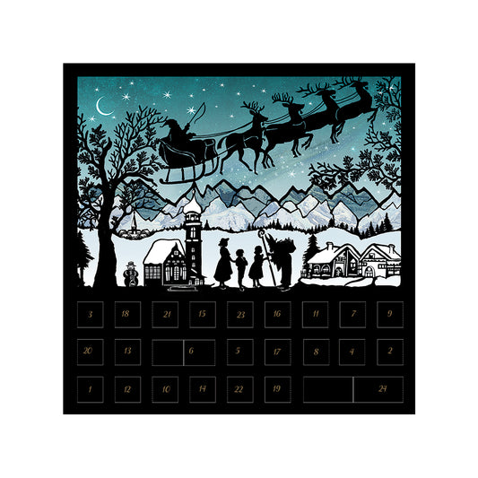 Green Santa Sleigh Christmas Scene Silhouette Advent Card with 24 doors and envelope 15 x 15 cm