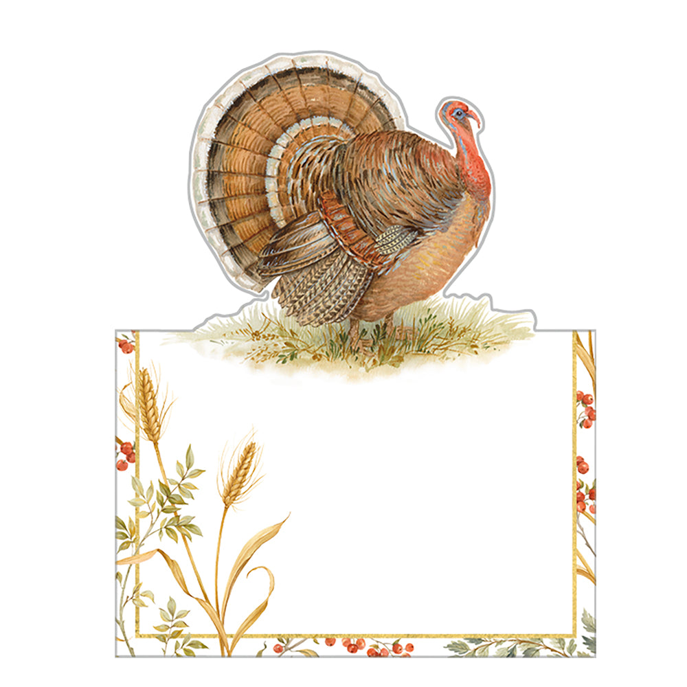 Golden Harvest Turkey Thanksgiving by Pamela Gladding Caspari Set of 8 Die-Cut Place Cards Size 9cm x 9cm