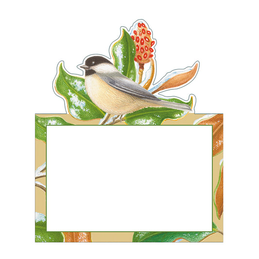 Chickadee and Magnolia by Karen Kluglein Caspari Set of 8 Die-Cut Place Cards Size 9cm x 9cm