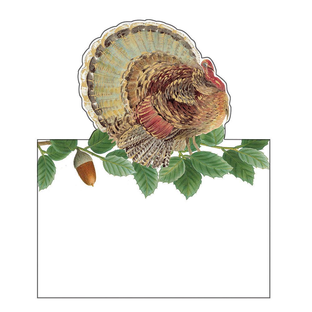 Turkey and Acorns Thanksgiving by Pamela Gladding Caspari Set of 8 Die-Cut Place Cards Size 9cm x 9cm