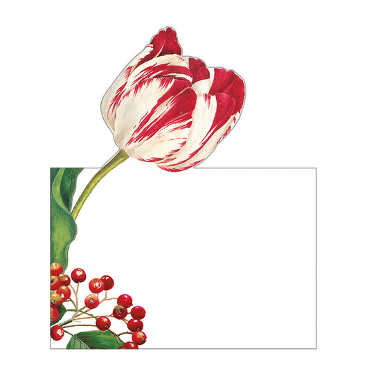 Winter Arrangement RHS Red White Flowers Caspari Set of 8 Die-Cut Place Cards Size 9cm x 9cm