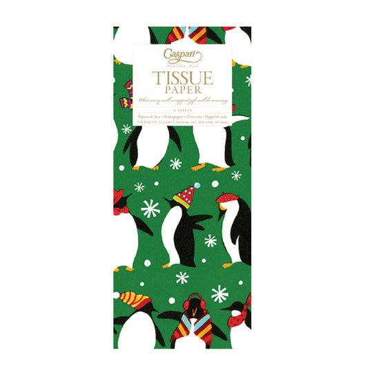 Caspari All Dressed Up Green Penguins Christmas Tissue Paper 4 Sheets of 20 x 30" Tissue Wrapping Paper