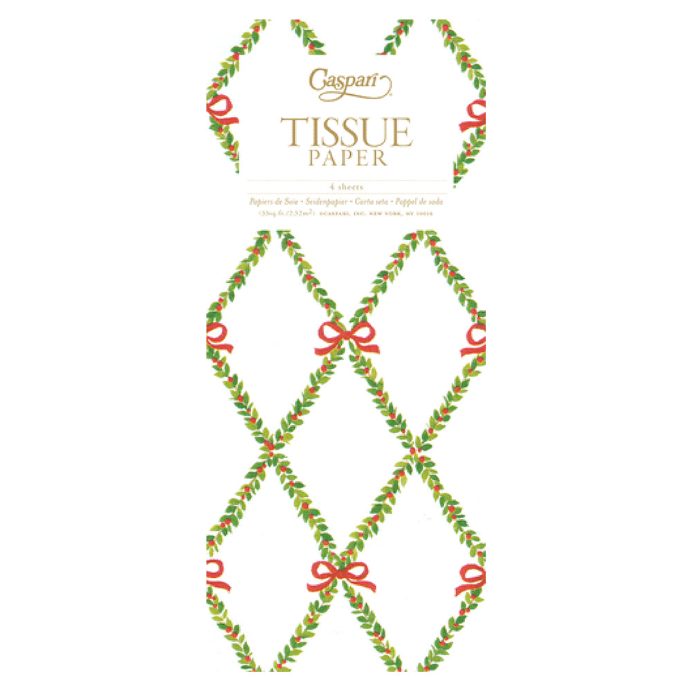 Caspari Garland Trellis Christmas Ivory Red Bows Tissue Paper 4 Sheets of 20 x 30" Tissue Wrapping Paper