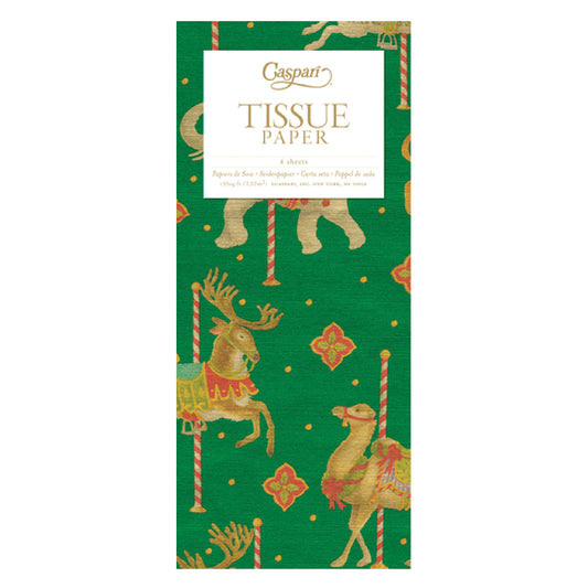 Caspari Merry Go Round Christmas Green Animals Tissue Paper 4 Sheets of 20 x 30" Tissue Wrapping Paper