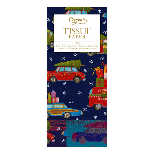 Caspari Christmas Rush Navy Car Gifts Tissue Paper 4 Sheets of 20 x 30" Tissue Wrapping Paper