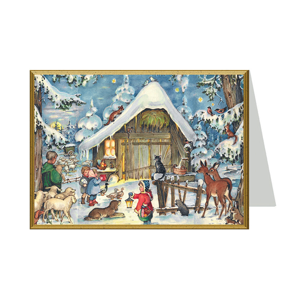 Snowscene Cabin and Animals Richard Selmer Single German Christmas Card with envelope 12 x 17 cm