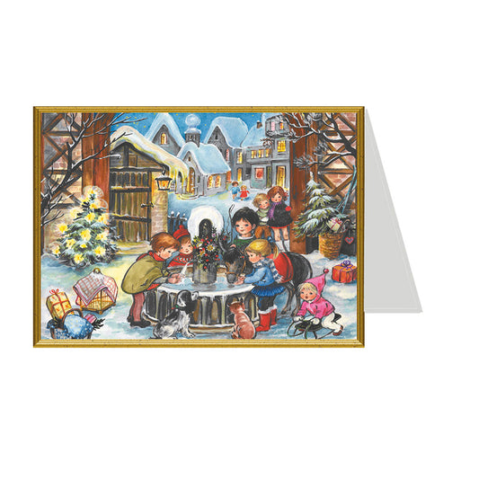 Children and Animals at Fountain Richard Selmer Single German Christmas Card with envelope 12 x 17 cm