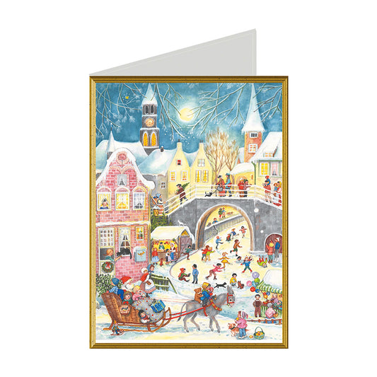 Santa's Sleigh Ice Skating Richard Selmer Single German Christmas Card with envelope 12 x 17 cm