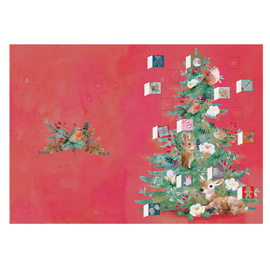 Floral Woodland Tree Red Wildlife Advent Calendar Card with envelope 170 x 120mm Roger la Borde