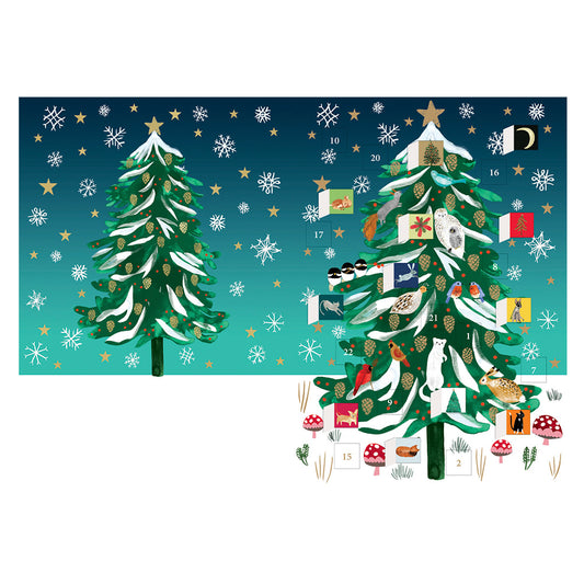 Christmas Conifer Wildlife Tree Advent Calendar Card with envelope 170 x 120mm Roger la Borde