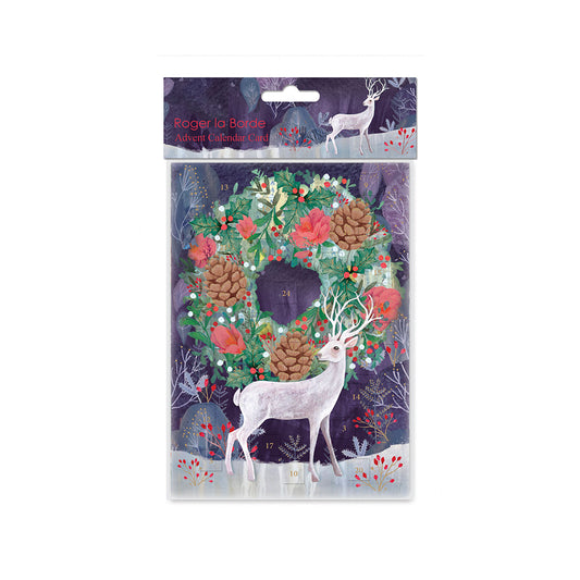 Silver Stag Wreath Advent Calendar Card with envelope 170 x 120mm Roger la Borde
