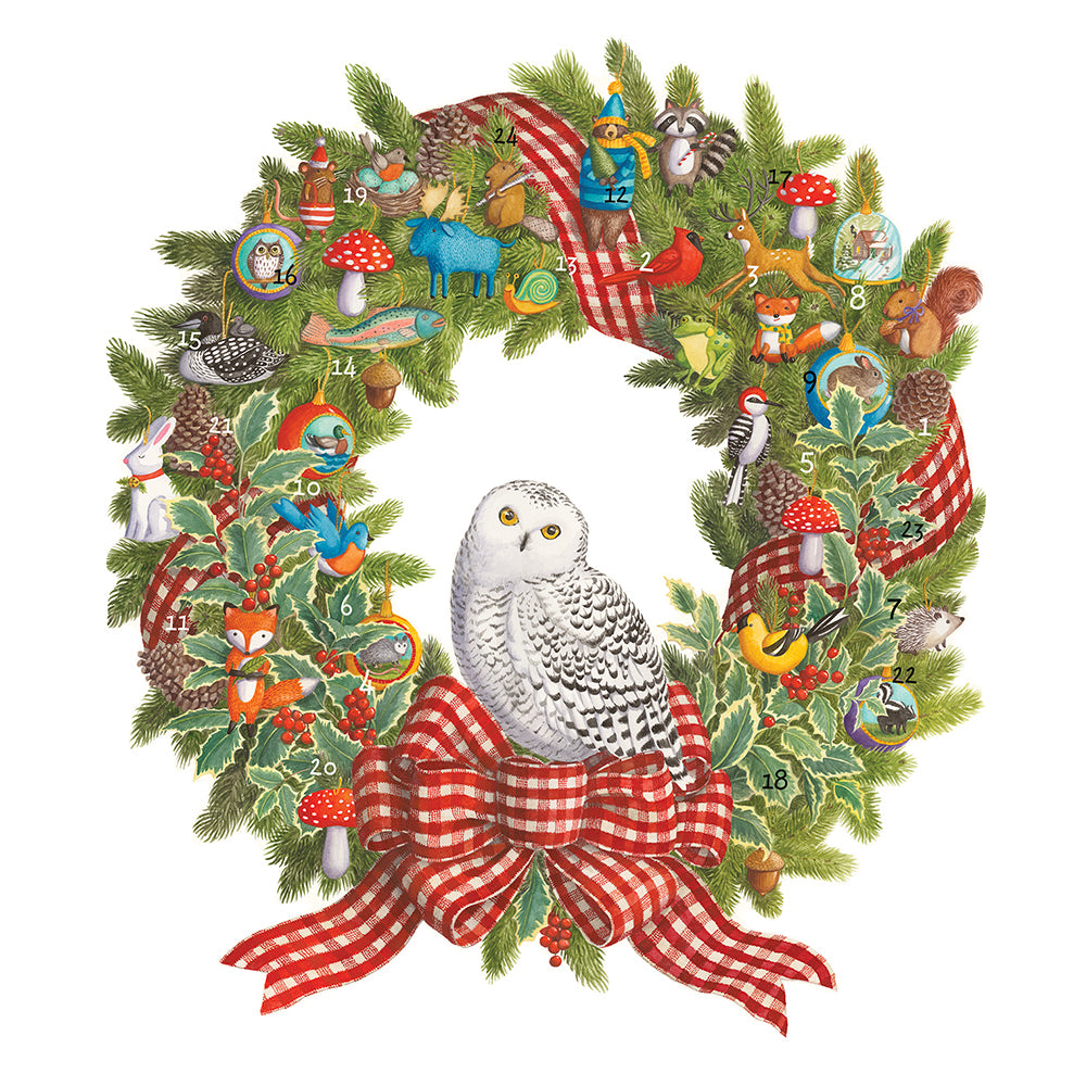 Snowy Owl Wreath Die cut Caspari Advent Calendar by Ingrid Slyder 33 x 37.5cm