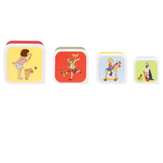 Belle and Boo - Set of 4 snack tubs 136 x 136 x 65 mm large 118 x 118 x 55 mm Medium 104 x 104 x 50 mm Small 90 x 90 x 45 mm