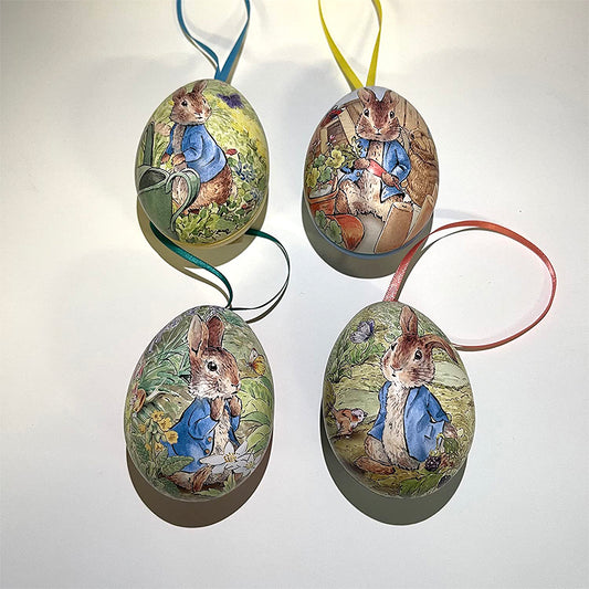 Peter Rabbit Beatrix Potter Mini Eggs set of 4 tin Easter Eggs which open and have hanging ribbons
