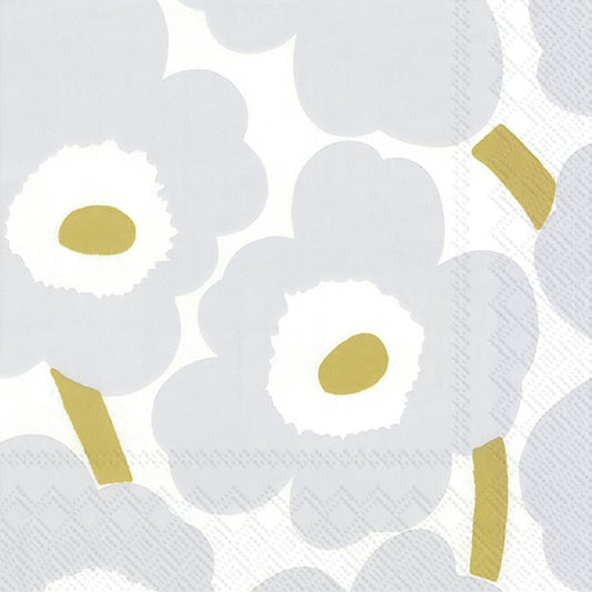 Marimekko UNIKKO white silver Flowers IHR Paper Cocktail Napkins 25 cm square 3 ply 20 pack