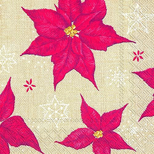 STITCHED WINTER ROSE linen Poinsettia Christmas IHR Paper Cocktail Napkins 25 cm square 3 ply 20 pack