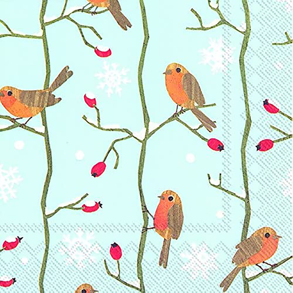 LITTLE RED ROBINS Christmas IHR Paper Cocktail Napkins 25 cm square 3 ply 20 pack