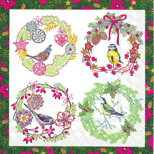 Birds and Wreaths Cream Christmas IHR Paper Cocktail Napkins 25 cm square 3 ply 20 pack