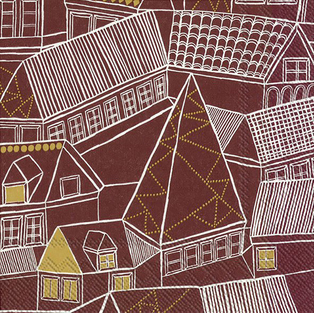 Marimekko KUJIILA Houses red gold IHR Paper Cocktail Napkins 25 cm square 3 ply 20 pack