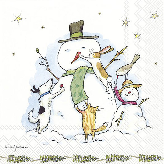 Snowman with Friends Dog Cat Christmas IHR Paper Cocktail Napkins 25 cm square 3 ply 20 pack