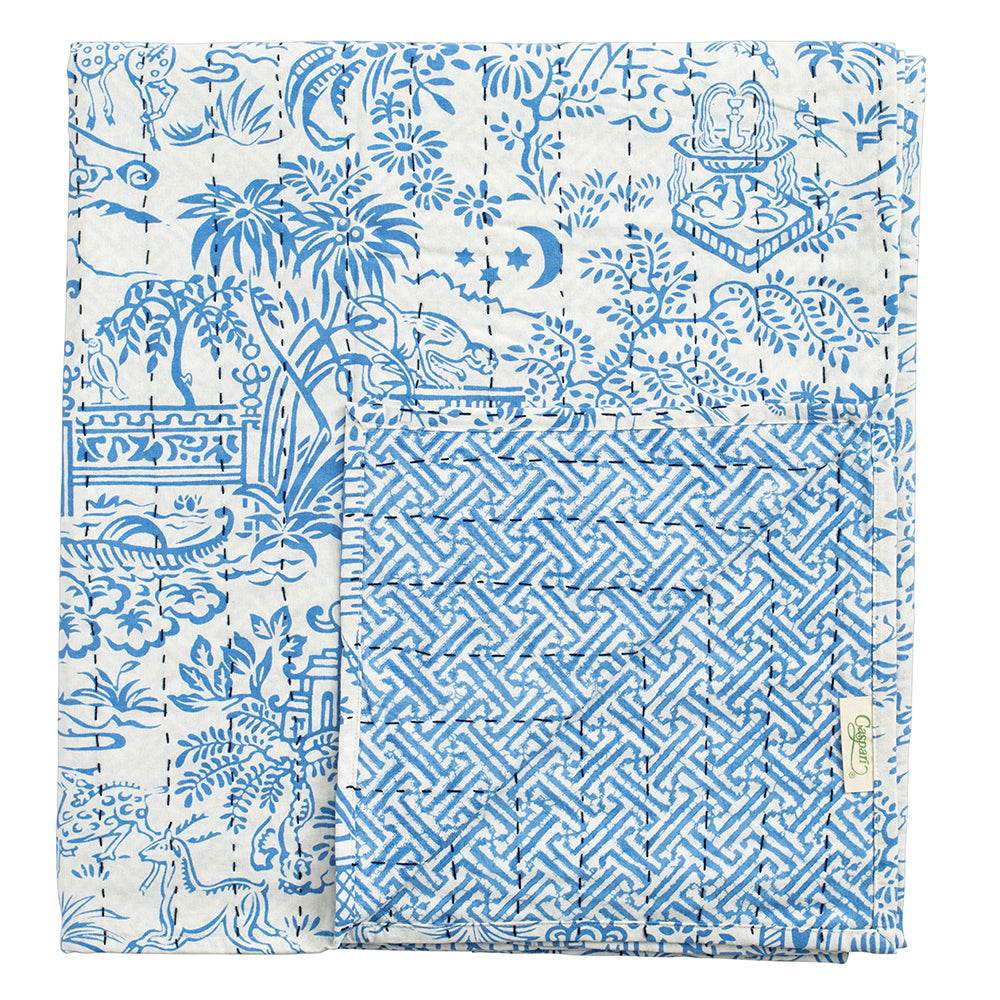 Pagoda Toile Blue & White Reversible Caspari Kantha Fabric Table Cloth 180 x 180 cm