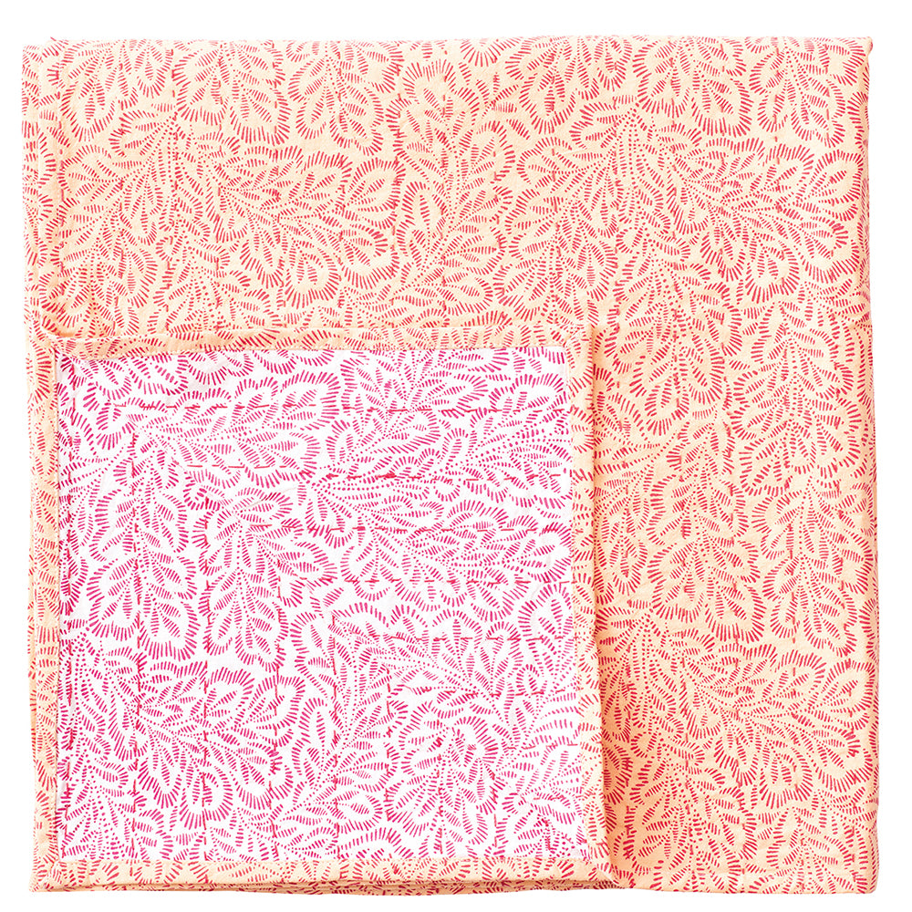 Block Print Leaves Fuchsia Pink Reversible Caspari Kantha Fabric Table Cloth 180 x 180 cm