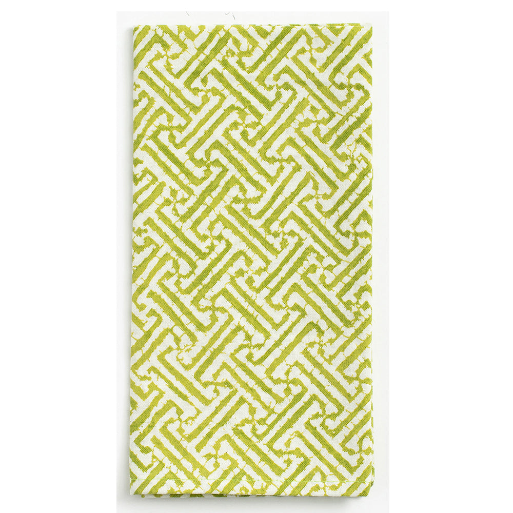 Fretwork Green Caspari Set of 4 Hand Printed Indian Cotton Napkins 50 cm sq