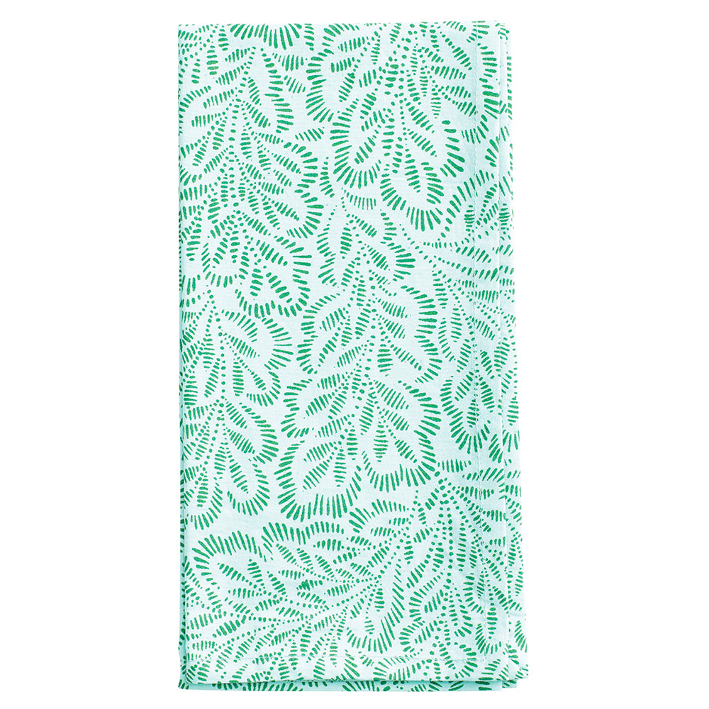 Block Print Leaves Turquoise Green Caspari Set of 4 Hand Printed Indian Cotton Napkins 50 cm sq