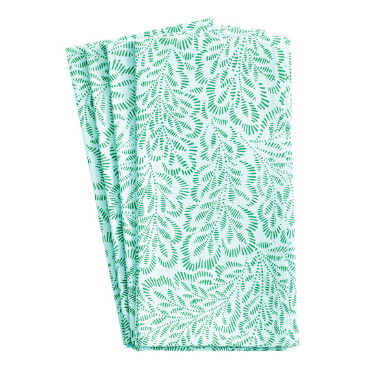 Block Print Leaves Turquoise Green Caspari Set of 4 Hand Printed Indian Cotton Napkins 50 cm sq