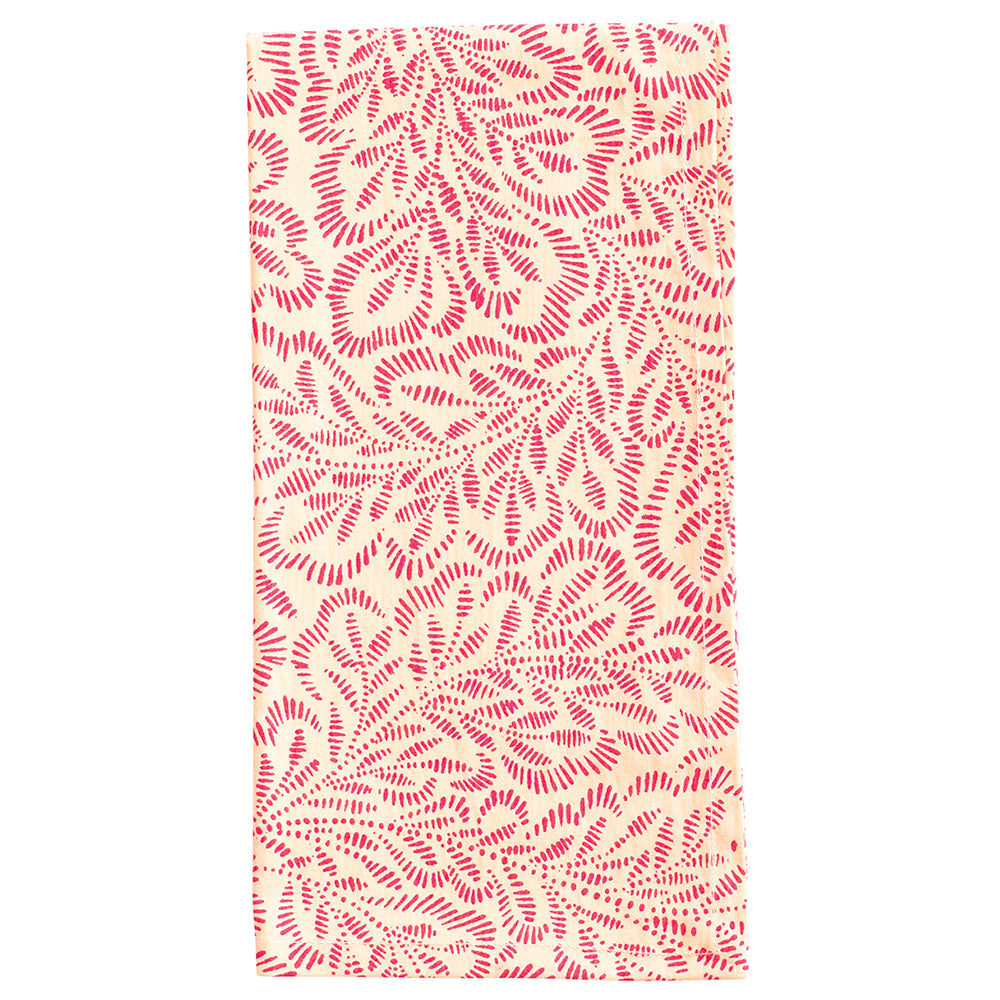 Block Print Leaves Coral Fuchsia Caspari Set of 4 Hand Printed Indian Cotton Napkins 50 cm sq