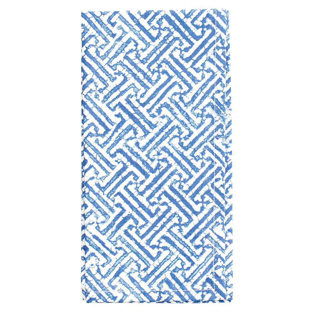 Fretwork Blue White Caspari Set of 4 Hand Printed Indian Cotton Napkins 50 cm sq