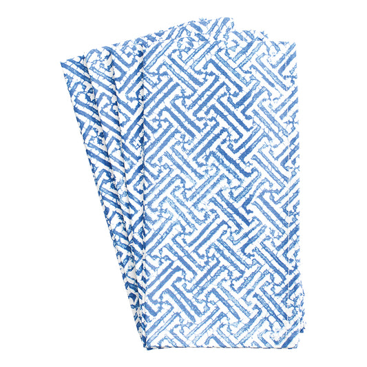 Fretwork Blue White Caspari Set of 4 Hand Printed Indian Cotton Napkins 50 cm sq