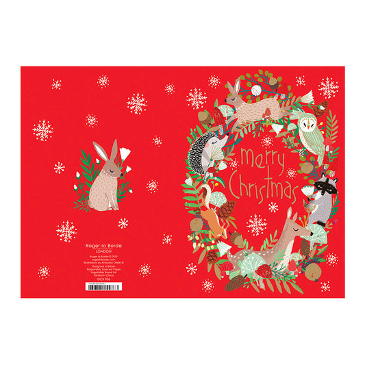 Animal Wreath Red Christmas Card Gold Foil + Env 170 x 120mm Roger la Borde