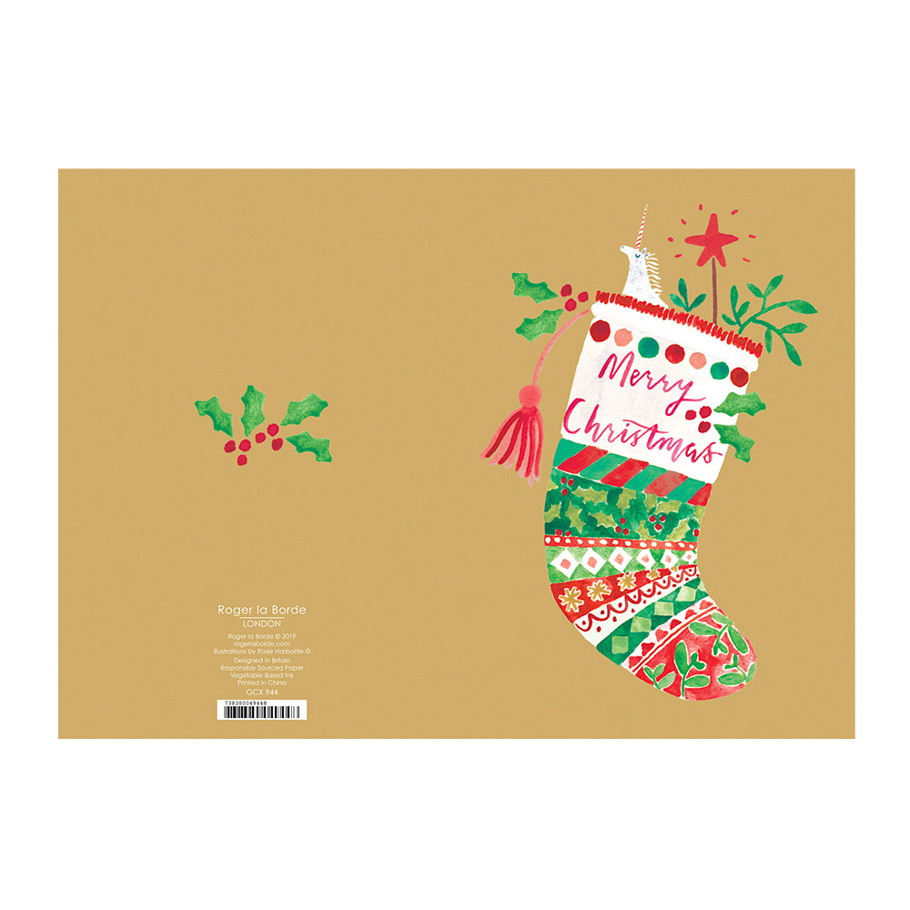 Festive Stocking Christmas Card Gold Foil + Env 170 x 120mm Roger la Borde