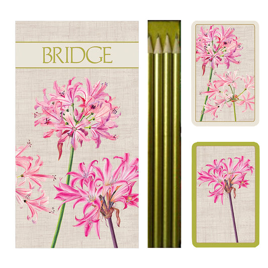 Surprise Lily Large Bridge Set Caspari 2 Sets of Cards 4 Bridgepads and 4 pencils i n a Presentation Box
