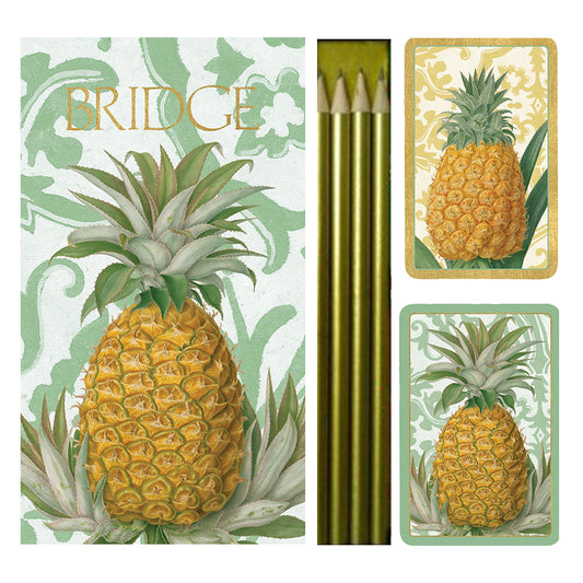 Royal Pineapple Large Bridge Set Caspari 2 Sets of Cards 4 Bridgepads and 4 pencils i n a Presentation Box