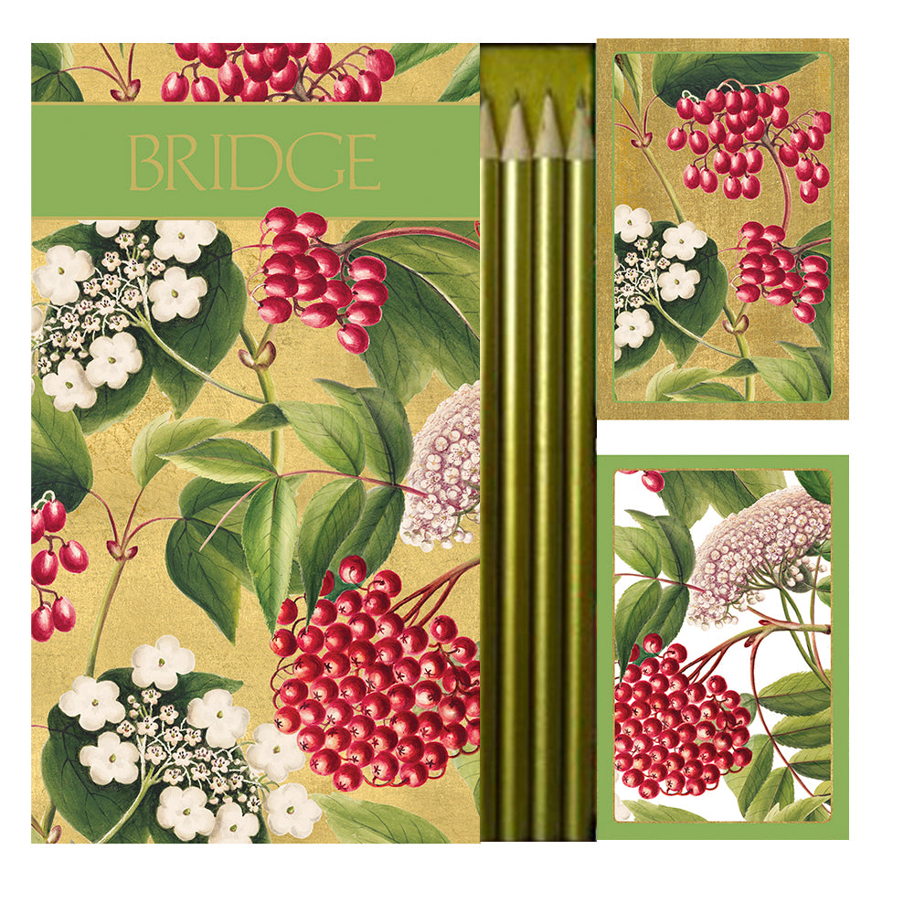 Berry Chintz Large Bridge Set Caspari 2 Sets of Cards 4 Bridgepads and 4 pencils in a Presentation Box