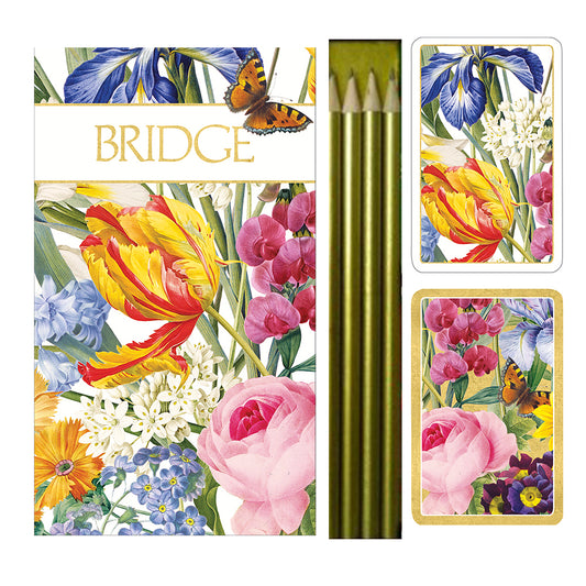 Redoute Floral Large Bridge Set Caspari 2 Sets of Cards 4 Bridgepads and 4 pencils in a Presentation Box
