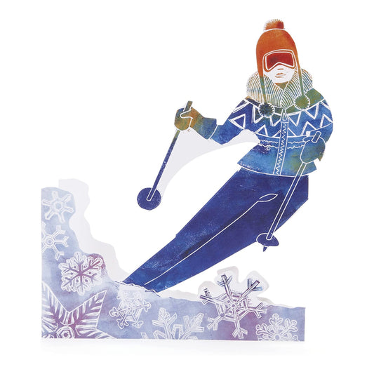 Girl Skier 3D Sculptural Judy Lumley Greetings Card from Lino Cut Designs with envelope