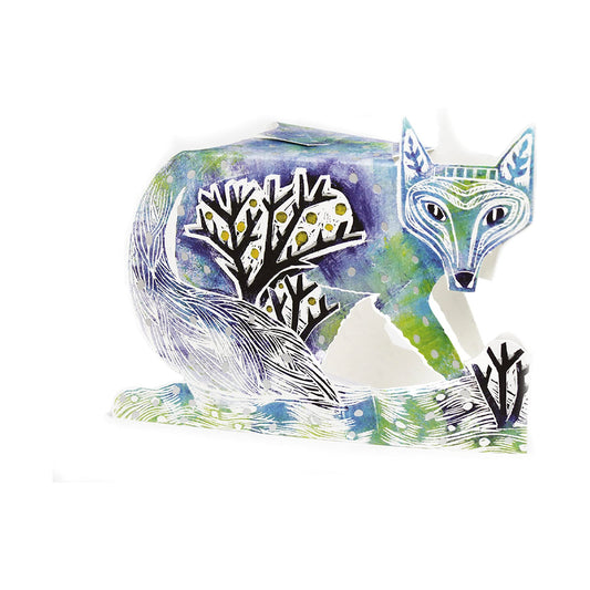 Winter Fox Silver with foil 3D Sculptural Judy Lumley Greetings Card from Lino Cut Designs with envelope
