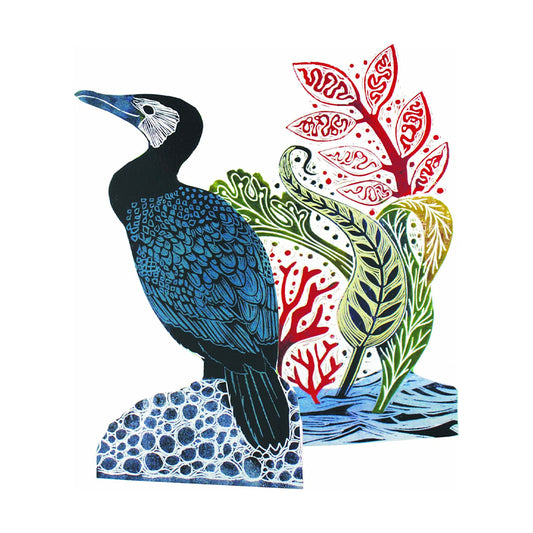 Cormorant Trifold Judy Lumley Greetings Card from Lino Cut Designs with envelope