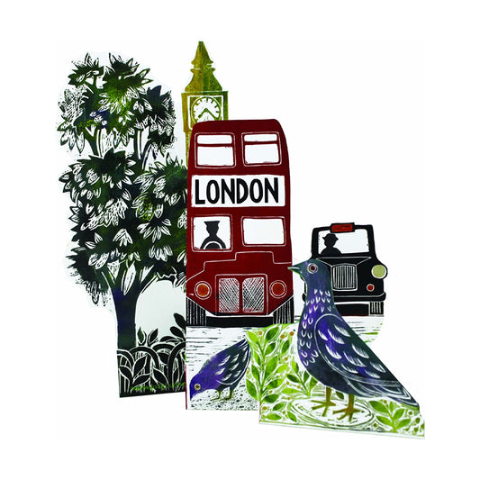 London Bus Trifold Judy Lumley Greetings Card from Lino Cut Designs with envelope