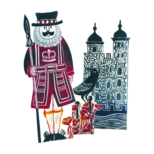 Beefeater Tower of London Trifold Judy Lumley Greetings Card from Lino Cut Designs with envelope