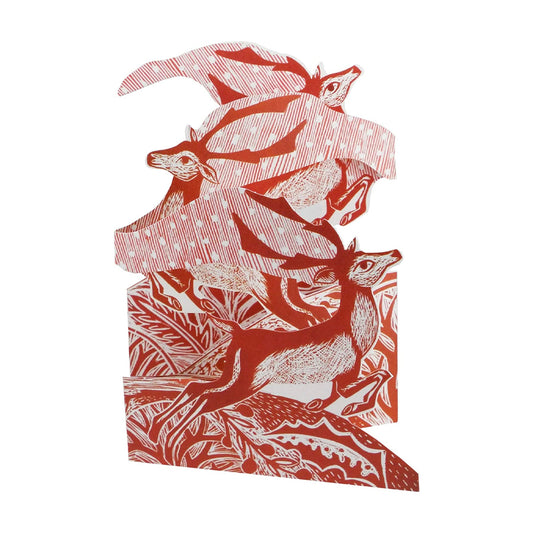 Prancing Reindeer Trifold Judy Lumley Greetings Card from Lino Cut Designs with envelope
