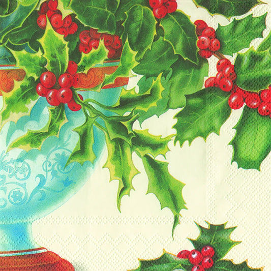Holly Bowl Cream Red Berries IHR Paper Lunch Napkins 33 cm sq 3 ply 20 pack