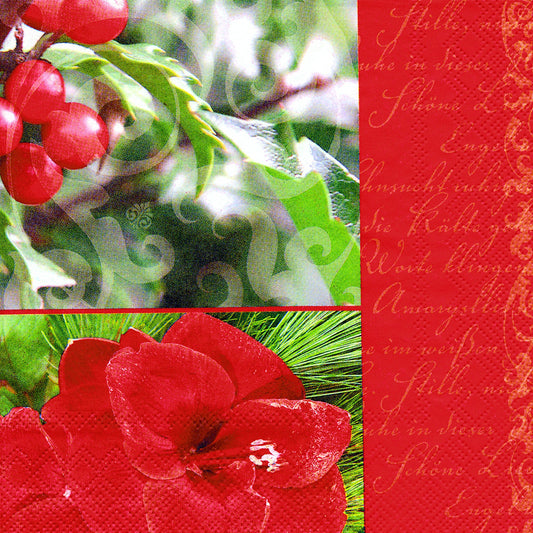 HOLIDAY POEM Red Flowers Berries IHR Paper Lunch Napkins 33 cm sq 3 ply 20 pack